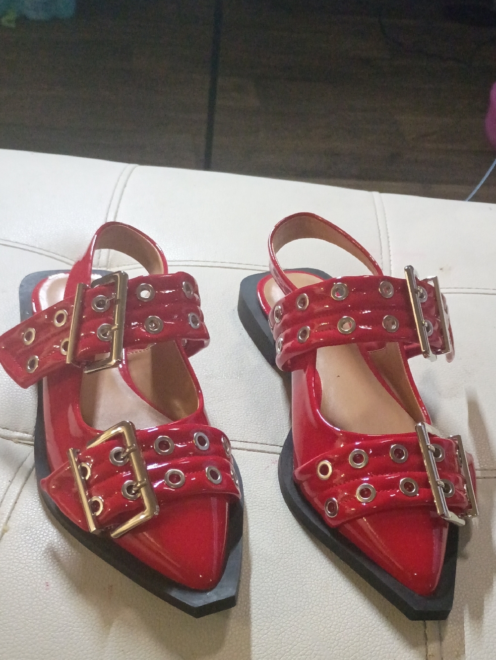 Patent Red Pointed Mule Flats with Gold Buckles